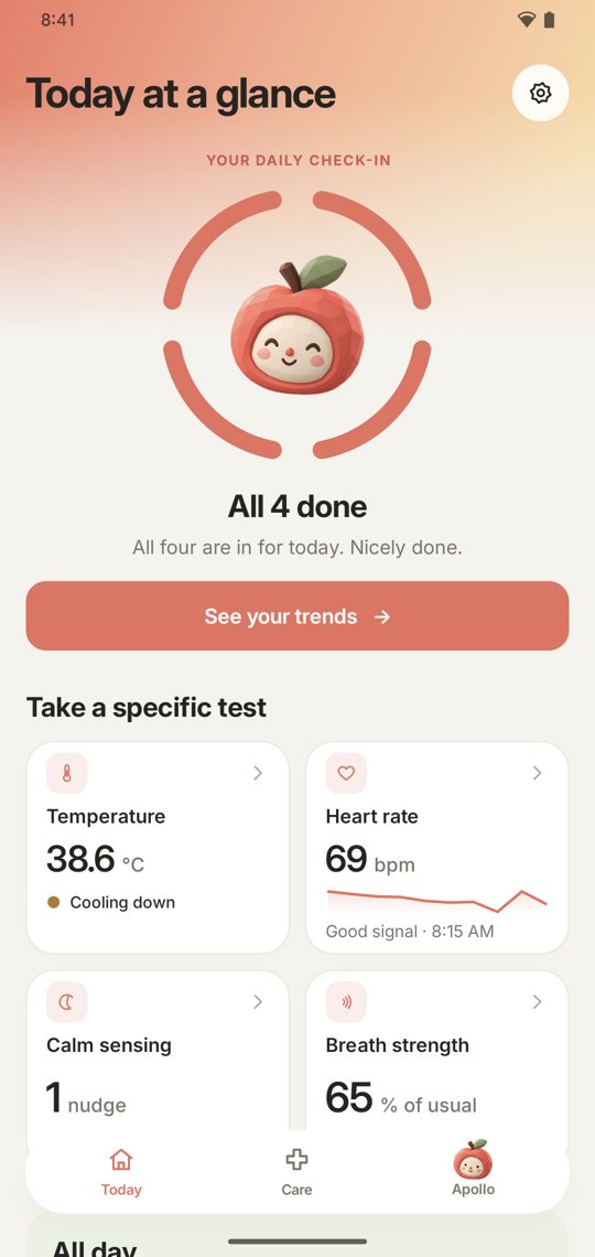Today screen with the daily check-in ring and test tiles