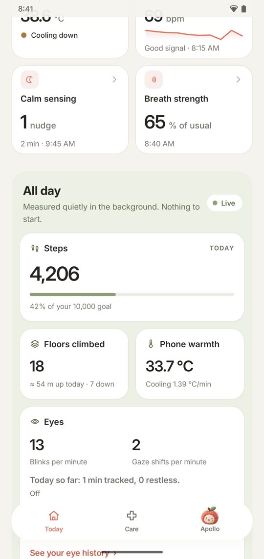 All day: steps, floors climbed, phone warmth and eyes