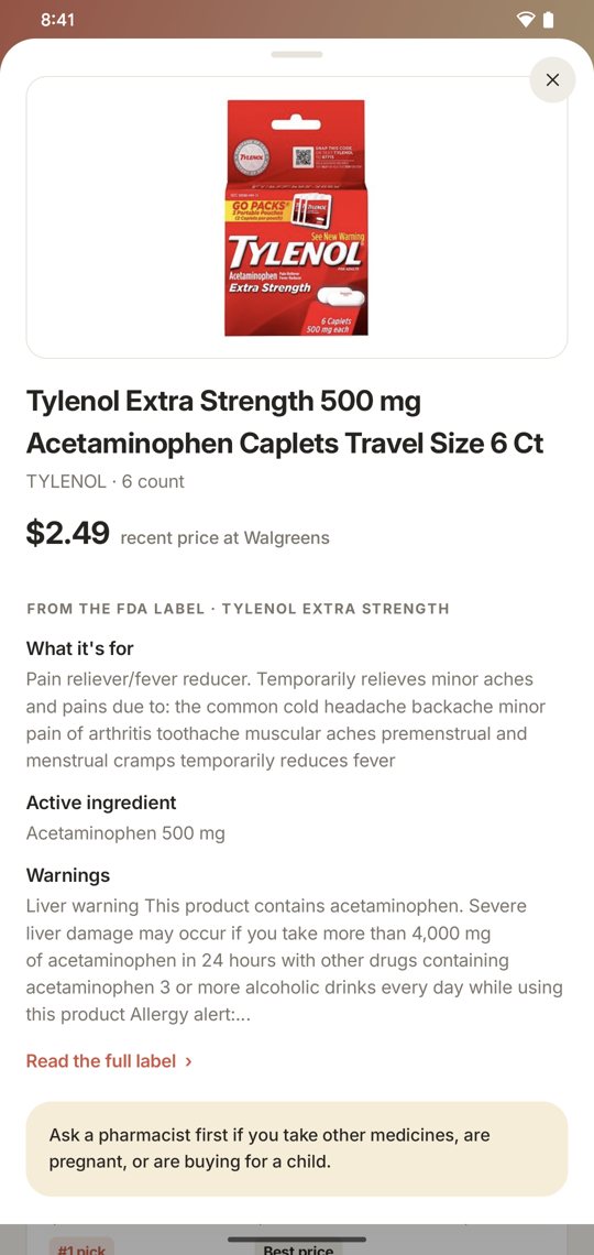 Product sheet for Tylenol Extra Strength