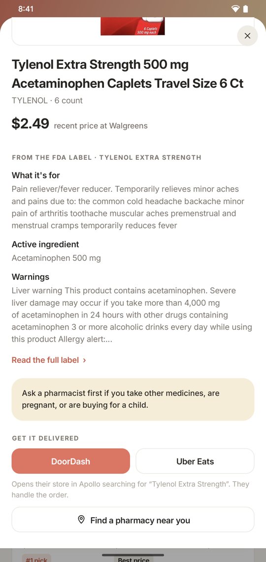 FDA label facts and delivery buttons