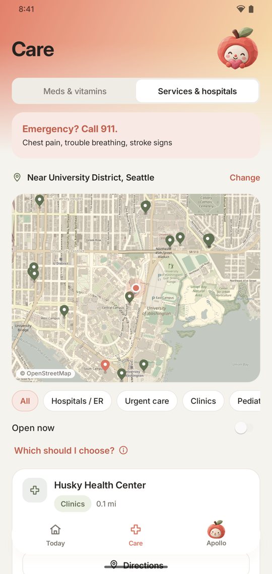 Map of care nearby with a pinned 911 bar