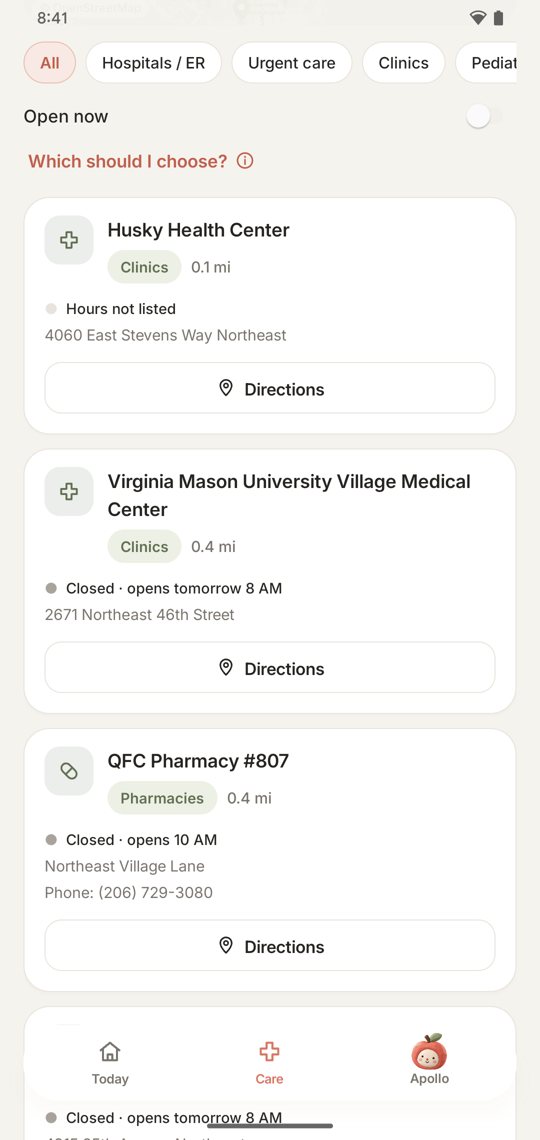 Nearby clinics and pharmacies with hours