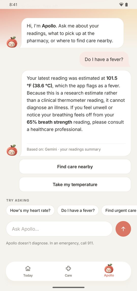 Apollo answering 'Do I have a fever?' from the latest reading